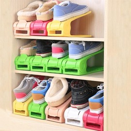 Solid Color Plastic Shoes Storage Rack Double Adjustable Shoes Organizer